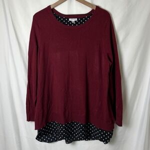 Croft & Barrow Womens Burgundy Wine Polka Dot Layered Twofer Sweater Top Size 1X